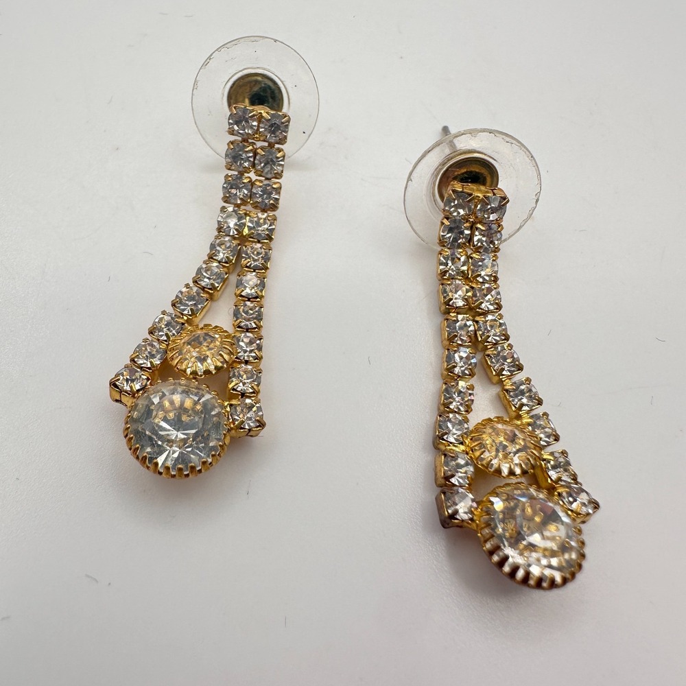 90s Vintage Gold Tone Rhinestone Dangle Earrings Women's Retro Jewelry